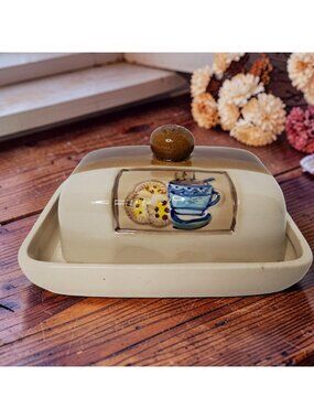 Vintage Beautifull Earthenware Coffee/Tea/Cocoa and Cookies Themed Butter Dish 6